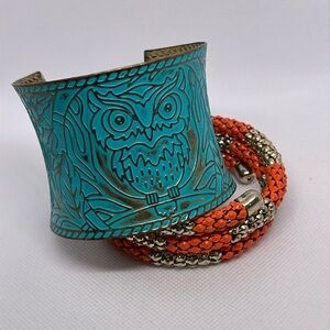 Vintage bracelet lot, turquoise owl, orange coil